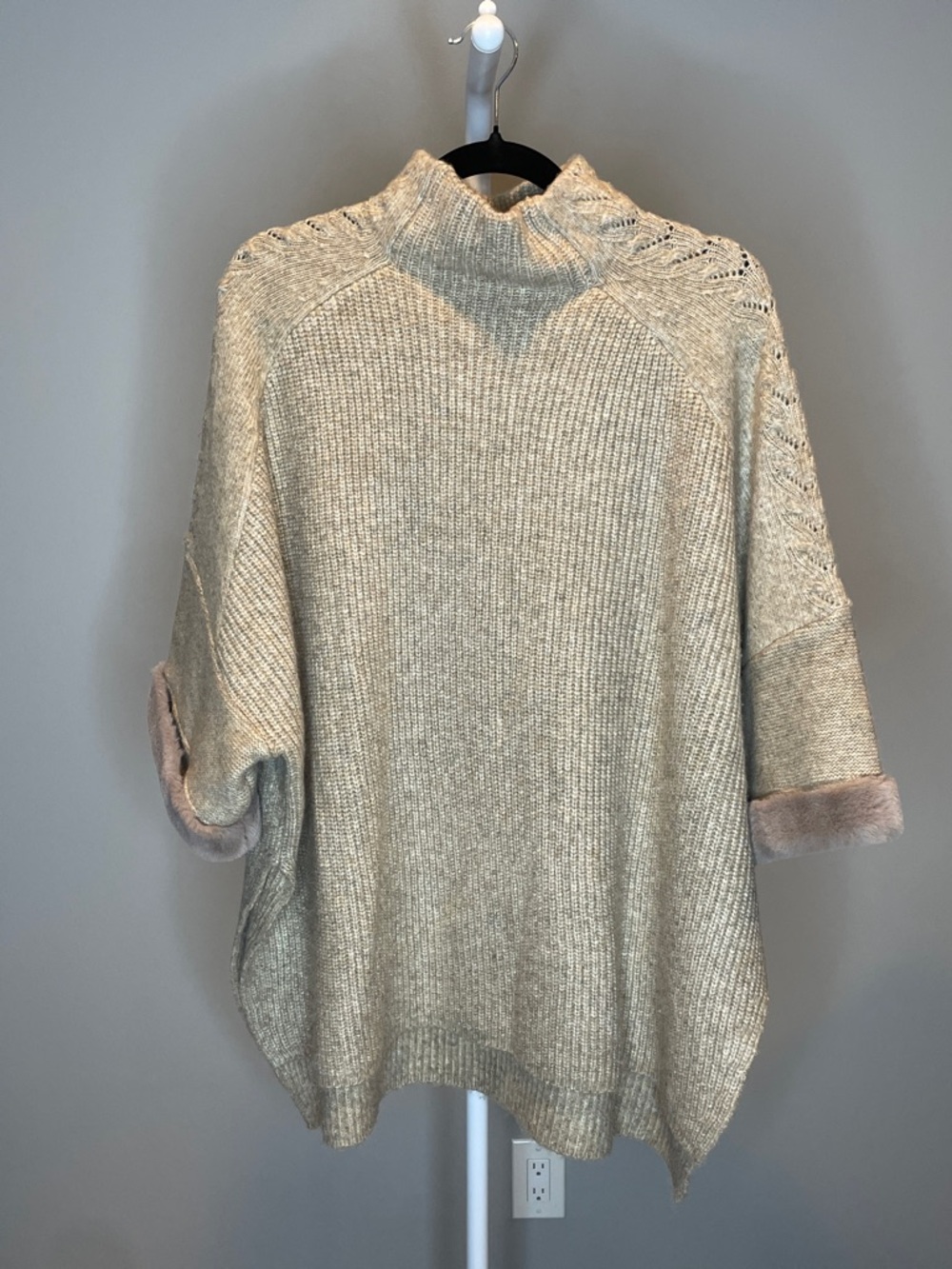 Sisters Tan Faux Fur Cuff Poncho-Style Sweater